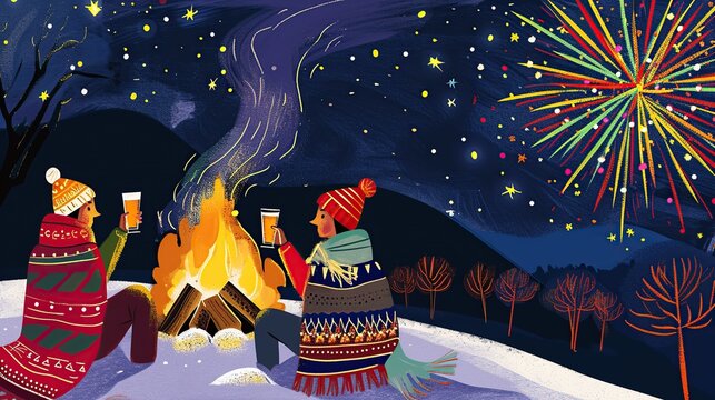 Cozy New Year Eve celebration illustration featuring a group of friends sitting by a warm campfire in a snowy winter landscape under a starry night sky with vibrant fireworks exploding above