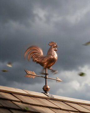 Shiny copper weathervane rooster spinning wind violently under dark storm clouds with flying leaves.
