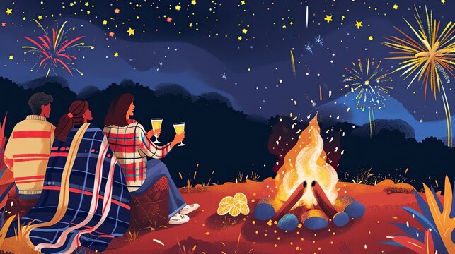 Cozy New Year's Eve celebration illustration featuring a group of friends sitting by a campfire outdoors under a starry night sky with festive fireworks and holiday drinks in a warm atmosphere
