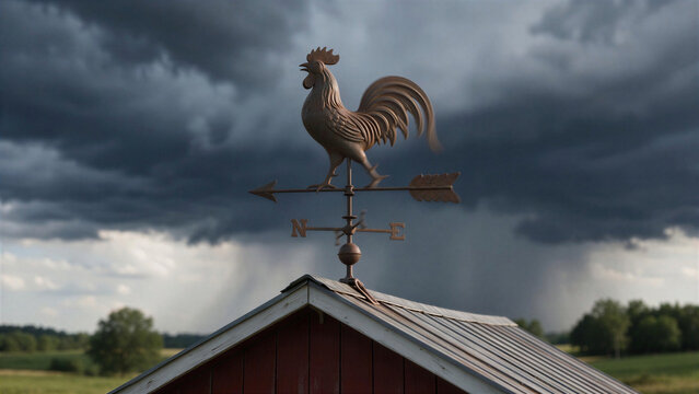 Rustic weathervane rooster spinning wind on red barn roof before approaching heavy thunderstorm.