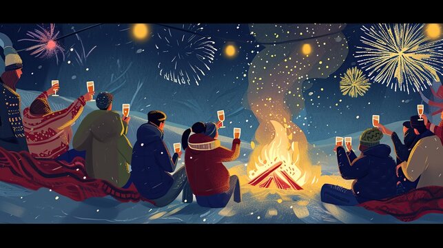 Cozy New Year's Eve celebration with a group of friends sitting by a campfire in the snow, toasting with drinks while watching a vibrant fireworks display under a starry winter night sky.