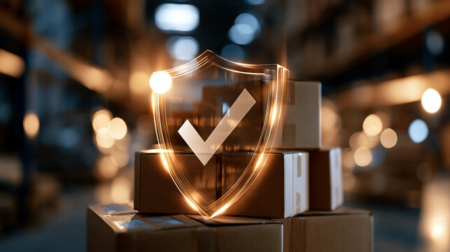Bright glowing glass security shield with a white check mark covering a stack of cardboard boxes in a softly blurred clean warehouse secure digital logistics concept cargo