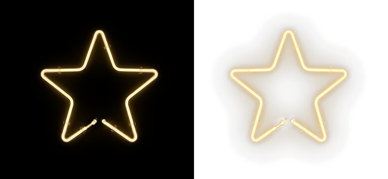 Glowing yellow neon star sign isolated on transparent background