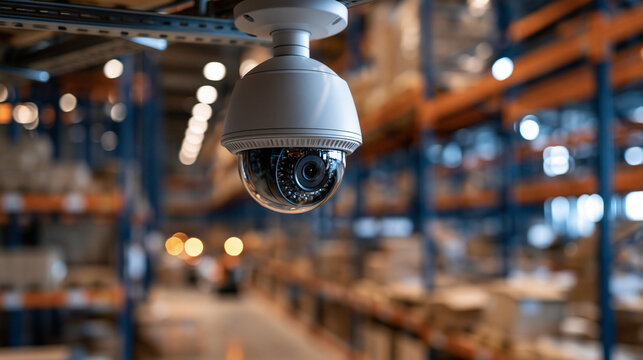 Bright modern cctv security camera mounted in a large clean industrial warehouse logistics center surveillance and protection concept supply chain security clean daylight