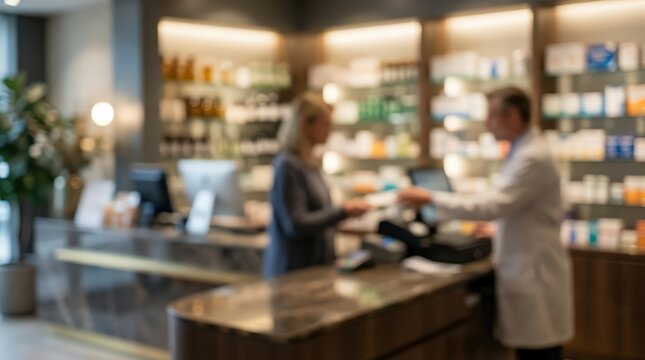 Pharmacist in a white coat assists a customer at a pharmacy counter. The scene features shelves filled with medication products in a soft focus, professional retail environment.