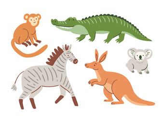 Fototapeta premium Vector set of cute Australian animals. Zebra, kangaroo, crocodile, monkey, and koala. Safari animal illustrations isolated on white background. 