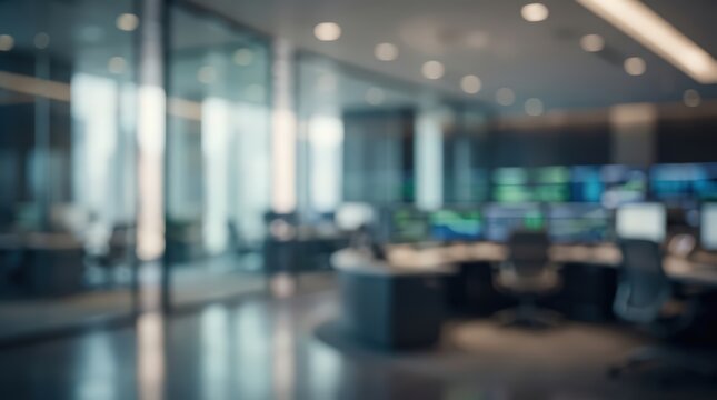 Out of focus view of a corporate office workspace with computer monitors and desks. The professional environment features glass partitions and soft ambient lighting for a clean look.