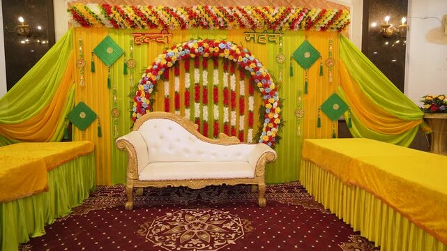 Traditional Indian wedding mehndi stage setup decorated with flowers in Delhi