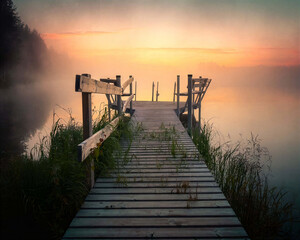 Wooden pier stretching into calm water beneath a glowing pastel sunset, creating a peaceful perspective and inviting travel scene ideal for relaxation, summer, lake, vacation and serenity themes. © UQink