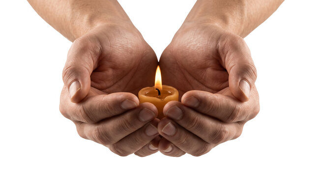 Cupped hands holding burning candle, glowing flame in palms of man, spiritual light and hope concept, isolated on white background