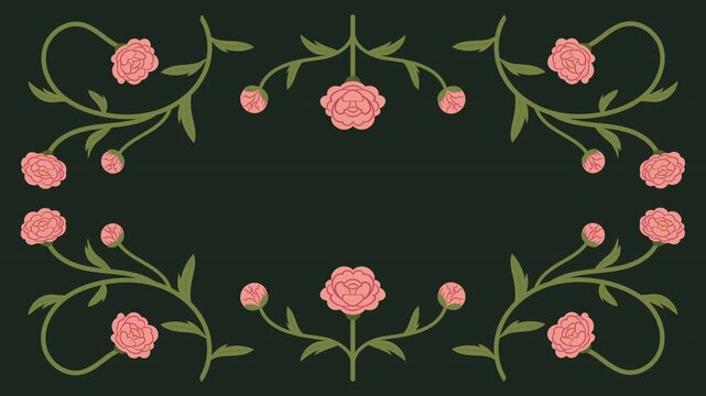 Decorative rose floral frame with pink flowers and vines animation