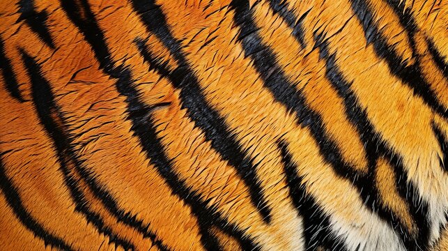 Detailed macro background texture of a realistic tiger fur pattern featuring vibrant orange and yellow tones with distinct black stripes, perfect for wildlife and nature-themed graphic designs.