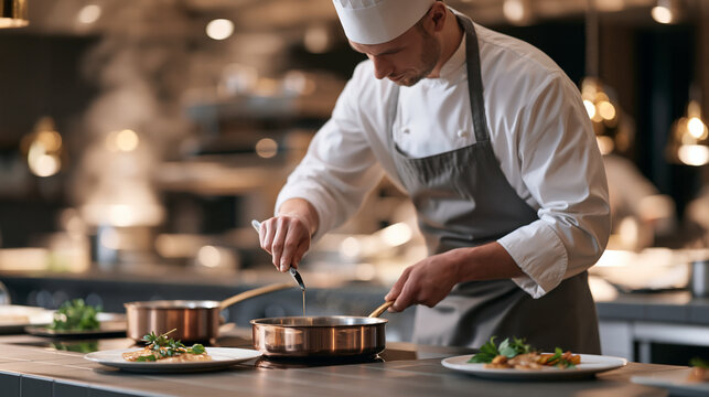 A chef in a fine dining kitchen reduces a maple syrup glaze for a roasted root vegetable plate on national maple syrup day in December, copper saucepans and fresh herbs on the