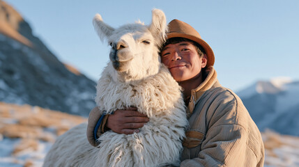 Fototapeta premium A Tibetan herder poses affectionately with a woolly llama at a mountain sanctuary on national llama day in December, frost-tipped grass and snow-dusted peaks visible in the wide