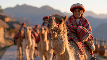 Obraz premium A camel driver leads her herd at dusk while onlookers celebrate national llama day in December with a spinning llama-wool demonstration outside a South American highland