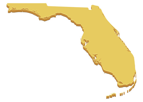 Three-dimensional map silhouette representing the state of Florida, symbolizing regional identity, travel, and southeast territorial borders (cut out)