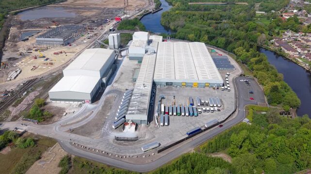 Industrial Factory and HGV Lorries in Ferrybridge Aerial Drone View UK