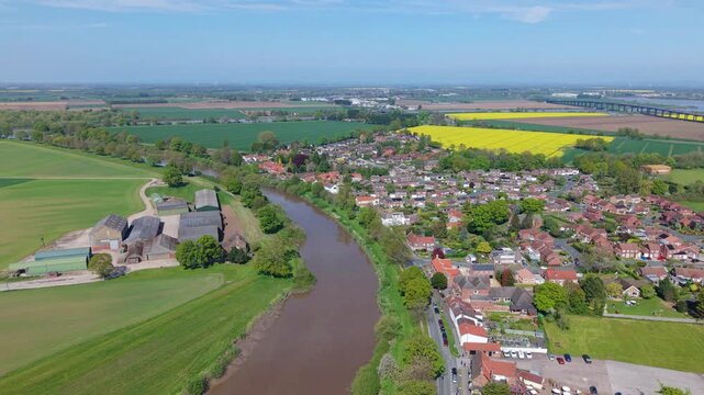Airmyn Village River Aire and Arable Farmland in Yorkshire Drone View UK