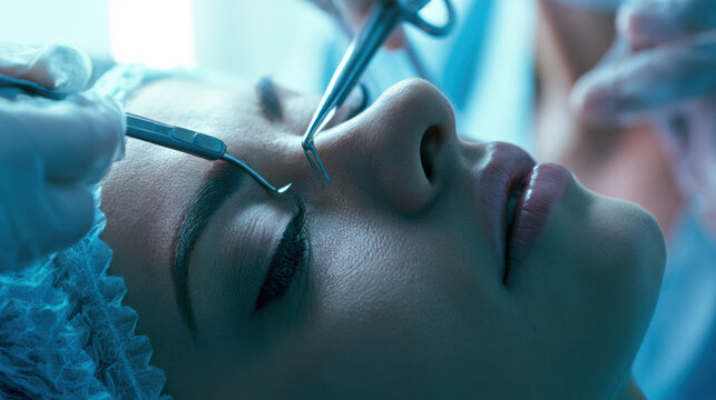 A young Caucasian woman undergoing a cosmetic procedure. Medical professionals use surgical tools in a clinical setting. The atmosphere is sterile and focused.