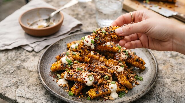 Hand holding a charred corn rib topped with white sauce spice and pine nut
