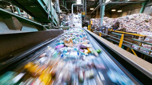 A conveyor belt transports various types of plastic waste in a recycling facility. The scene highlights the process of waste management and recycling.