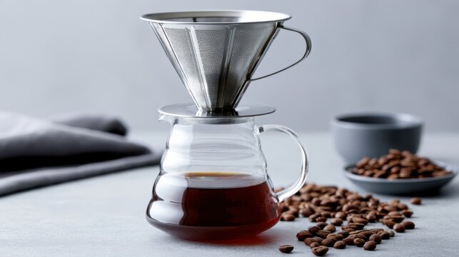 Freshly brewed coffee is dripping into a clear glass carafe through a stainless steel pour-over filter. Beside the carafe.