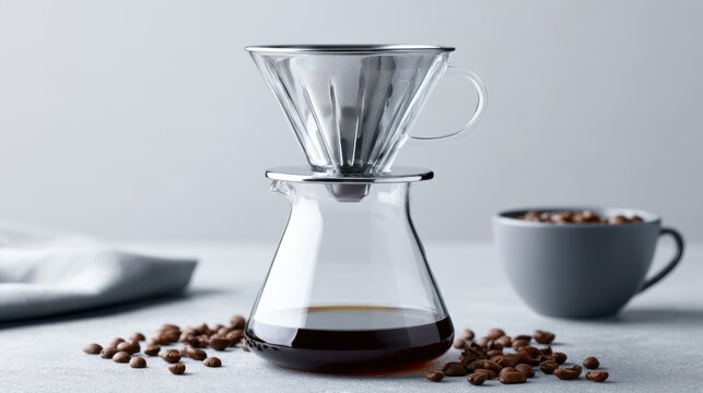 A metal pour-over coffee maker filled with dark coffee sits atop a glass carafe, with a cup of coffee beans and a napkin beside it.