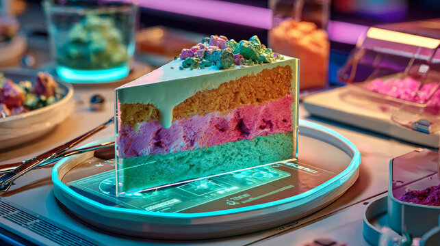 A slice of rainbow cake with a digital scale underneath it on top of a table in a restaurant