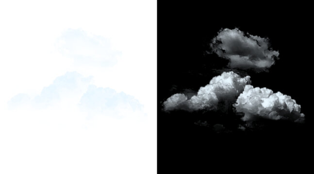 Realistic white clouds isolated on black and white backgrounds, fluffy cumulus cloud design elements, atmospheric weather vapor for digital compositing