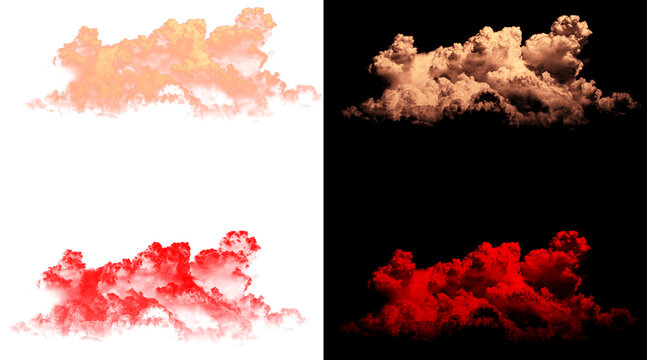 Dramatic smoke clouds and fire explosion elements, red and orange vapor plumes on black and white backgrounds, 4 high resolution design assets