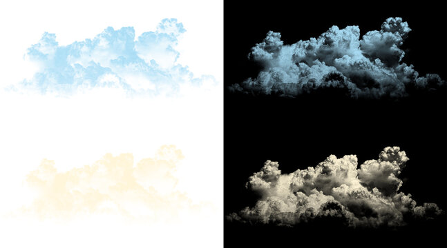 Realistic fluffy cloud set on black and white backgrounds, cinematic blue and golden hour smoke textures, 4 atmospheric weather design elements