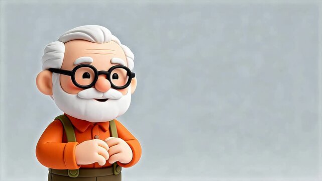 3D cartoon old man with white beard and glasses on white background