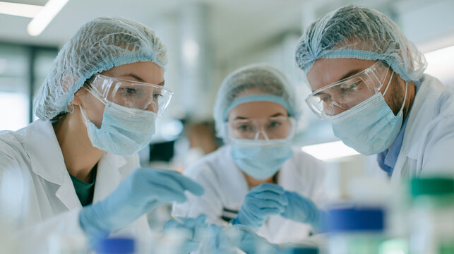 Cosmetic Researchers Examining Innovative Ingredients in Modern Soft Focus Laboratory Facility