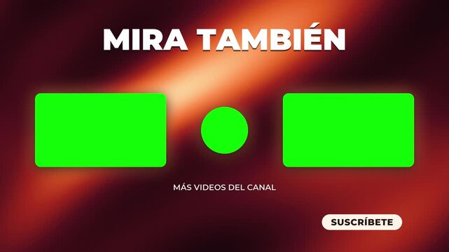 Spanish end screen template with Mira Tambi&eacute;n headline over animated ember glow. Green box thumbnail placeholders and subscribe button for channel outros promoting more content.