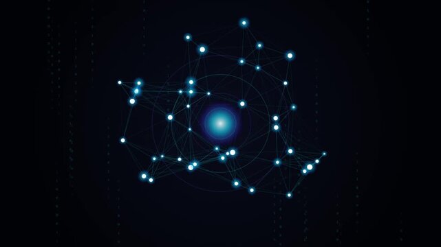 Abstract Network Node Loop with Glowing Core and Binary Code