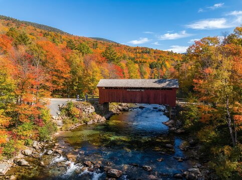 Iconic Covered Bridge in New England Surrounded by Vibrant Autumn Foliage.