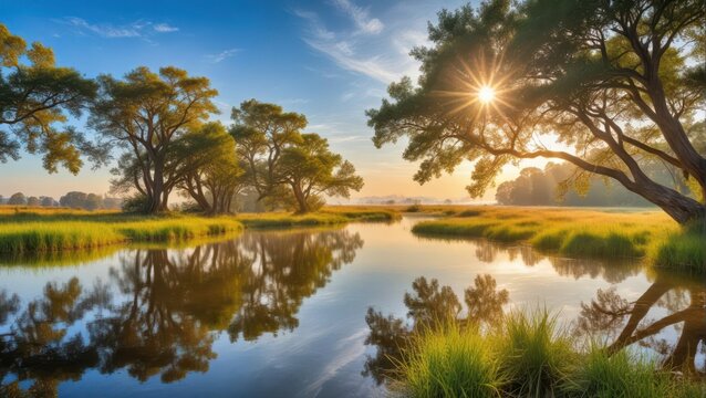 Soft sunlight filters through mangrove trees in a serene marshland landscape near Sapelo Island