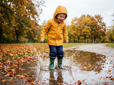 Joyful child in yellow raincoat jumping in autumn puddle splashing water.