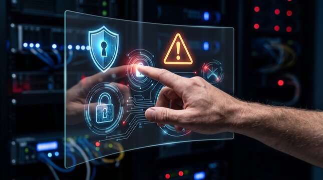 A hand interacting with a futuristic holographic interface displaying cybersecurity icons and alerts within a server room.