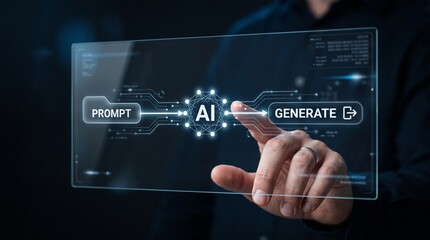 Obraz premium A person's finger touches a futuristic holographic interface displaying the AI prompt and generate process, symbolizing artificial intelligence and digital creation.