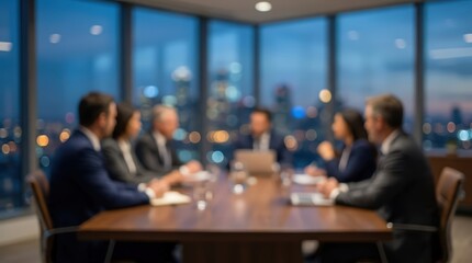 Fototapeta premium Contemporary corporate boardroom with a polished wooden conference table and leather chairs. Large windows overlook a city skyline in this professional office space with soft focus.
