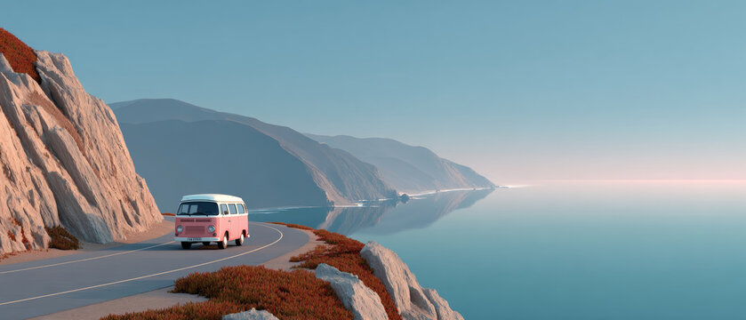 A pink and white van is driving along a coastal road with mountains in the background during sunrise or sunset