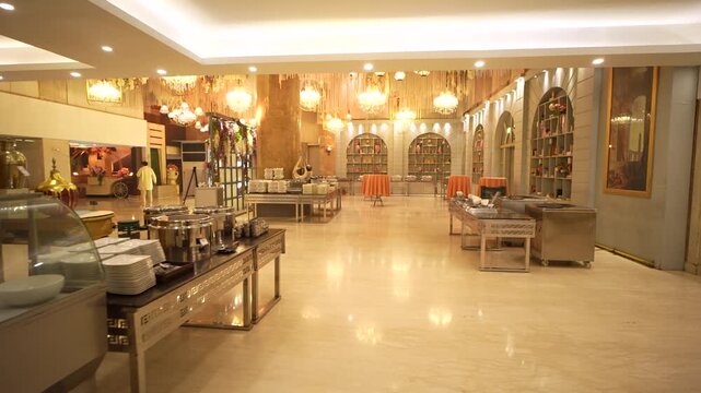 Empty banquet hall set for an Indian wedding event in New Delhi
