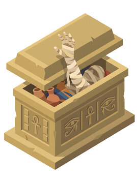 Mummy arm wrapped in bandages reaching out from a cracked stone sarcophagus decorated with Egyptian hieroglyphs.