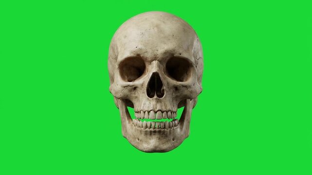 Realistic Halloween Skull Opening Jaw with Glowing Eyes On Green Screen