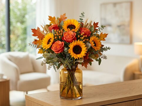 Vibrant Autumn Flower Arrangement with Sunflowers and Roses in a Glass Vase.