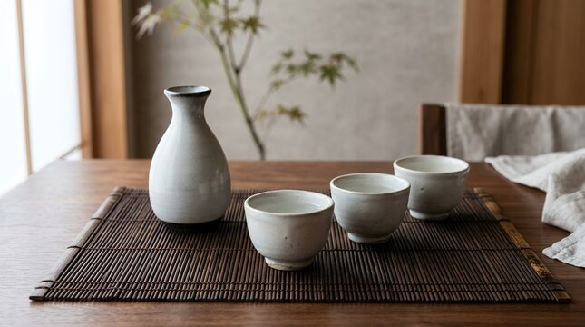 Traditional Japanese Sake Set on Wooden Table.