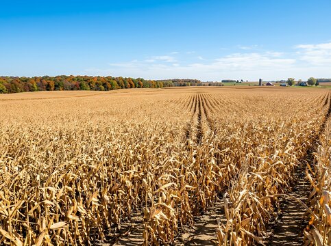Vast golden cornfield under a clear blue sky in autumn.