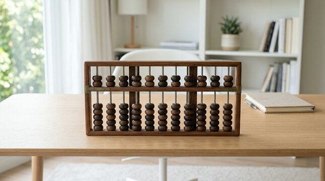 Vintage wooden abacus on a desk with blurred background office setting.
