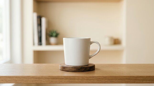 White ceramic mug on wooden coaster on a wooden table with blurred background.